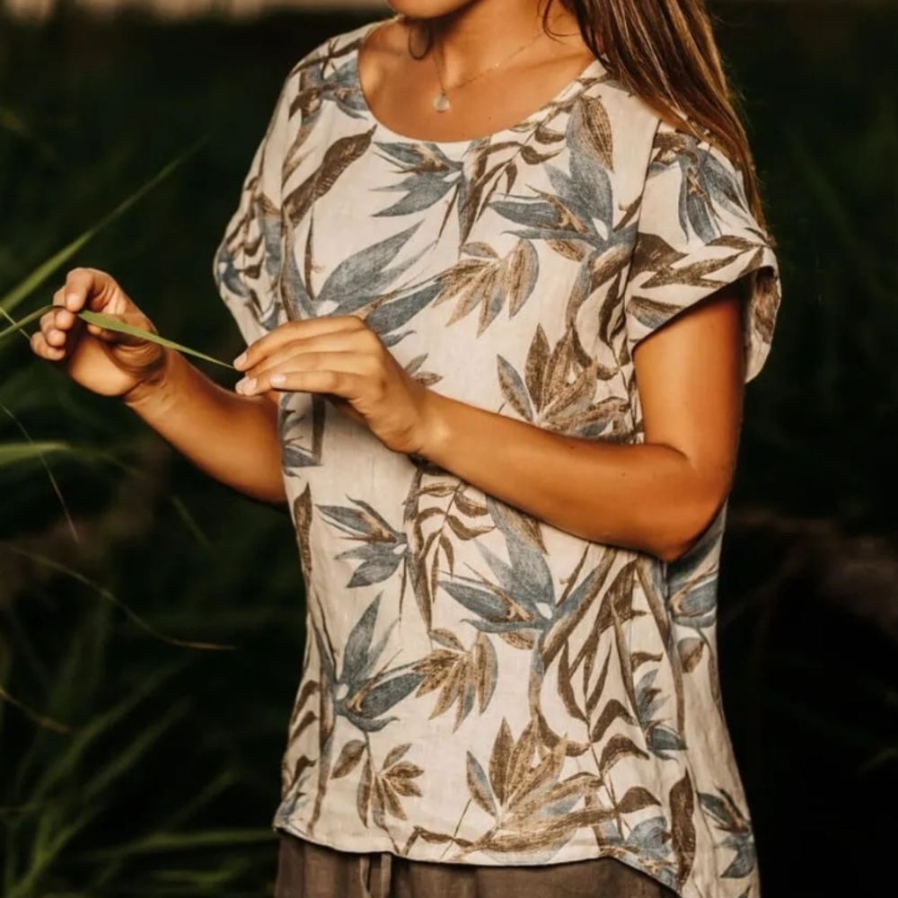 Terzo Millennio 100% Linen Floral Blue and Green Women's Tunic Size L - Picture 9 of 9